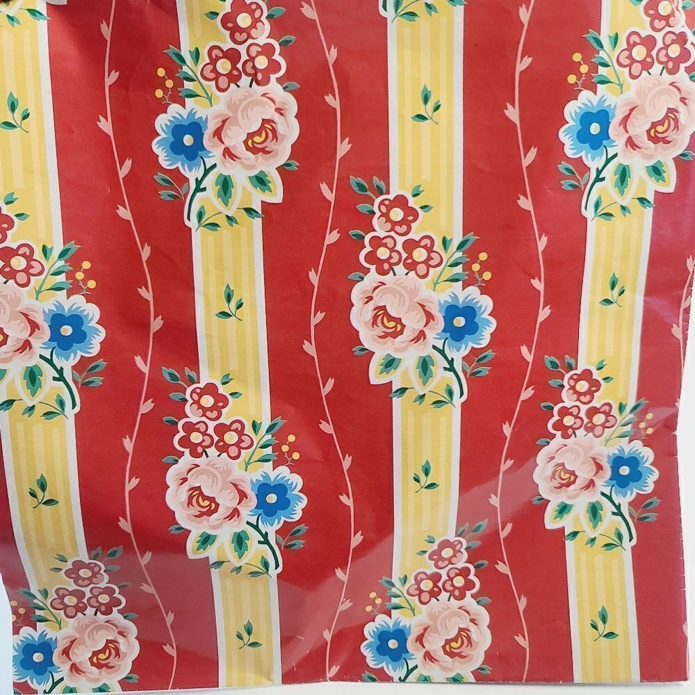 Vintage 90s Hallmark Red Retro Botanical Floral Gift Wrap Country Garden